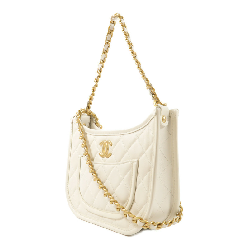 CHANEL 牛皮皮革Hobo Bag金扣鏈帶手挽肩背兩用袋-2