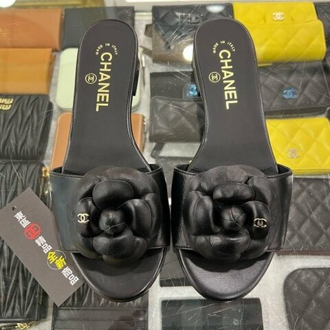 東區正精品㊣CHANEL G45499全新香奈兒黑色山茶花全皮金雙C涼鞋拖鞋 37號 RZ6302