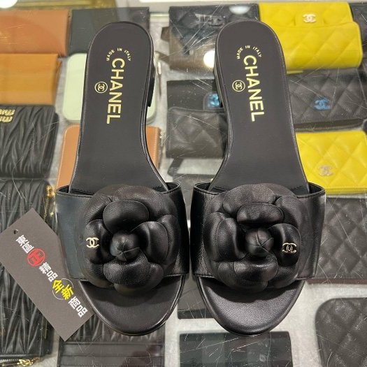 東區正精品㊣CHANEL G45499全新香奈兒黑色山茶花全皮金雙C涼鞋拖鞋 37號 RZ6302-0