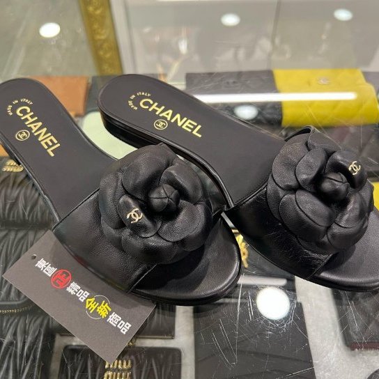 東區正精品㊣CHANEL G45499全新香奈兒黑色山茶花全皮金雙C涼鞋拖鞋 37號 RZ6302-2