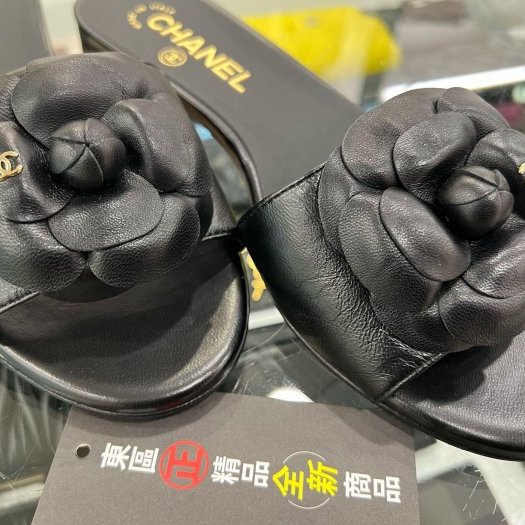 東區正精品㊣CHANEL G45499全新香奈兒黑色山茶花全皮金雙C涼鞋拖鞋 37號 RZ6302-3