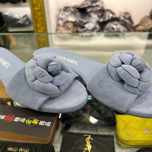 東區正精品㊣CHANEL G45499全新香奈兒藍色山茶花麂皮金雙C涼鞋拖鞋 36.5號 RZ6303-2