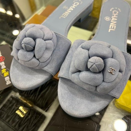 東區正精品㊣CHANEL G45499全新香奈兒藍色山茶花麂皮金雙C涼鞋拖鞋 36.5號 RZ6303-3