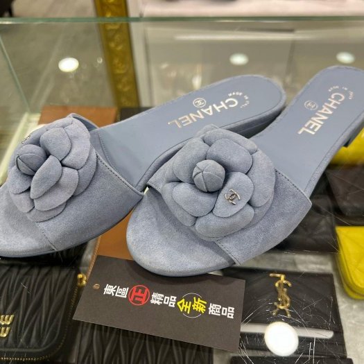 東區正精品㊣CHANEL G45499全新香奈兒藍色山茶花麂皮金雙C涼鞋拖鞋 36.5號 RZ6303-4