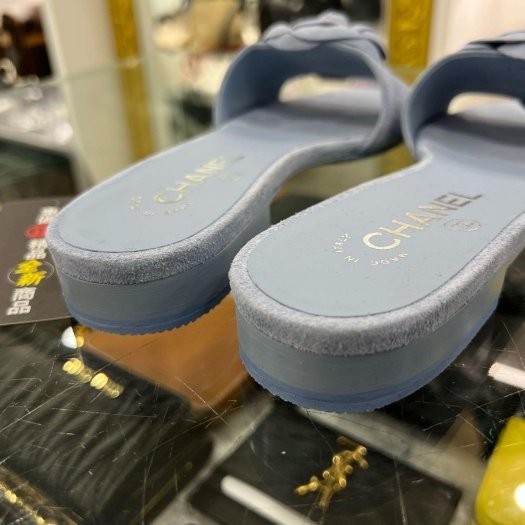 東區正精品㊣CHANEL G45499全新香奈兒藍色山茶花麂皮金雙C涼鞋拖鞋 36.5號 RZ6303-5