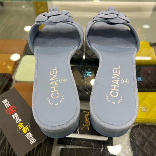 東區正精品㊣CHANEL G45499全新香奈兒藍色山茶花麂皮金雙C涼鞋拖鞋 36.5號 RZ6303-6