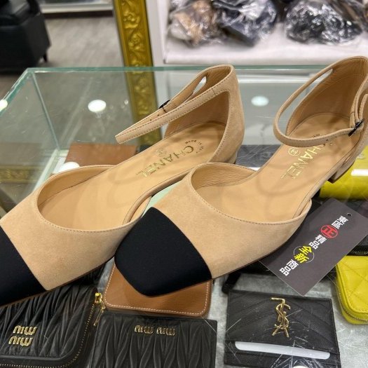 東區正精品㊣CHANEL G38256全新香奈兒駝色麂皮黑頭帆布小雙C涼鞋平底鞋 37號 RZ6304-1