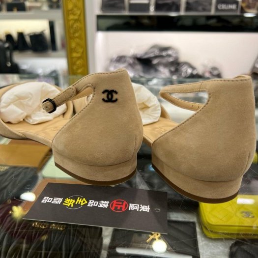 東區正精品㊣CHANEL G38256全新香奈兒駝色麂皮黑頭帆布小雙C涼鞋平底鞋 37號 RZ6304-7