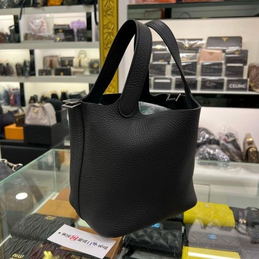 東區正精品㊣ HERMES PICOTIN 18 愛馬仕黑色銀釦水桶袋包鎖頭包手提包 W刻 RZ6308-0