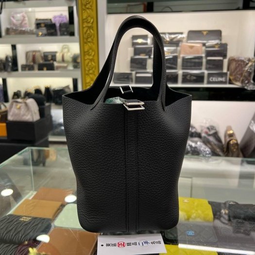 東區正精品㊣ HERMES PICOTIN 18 愛馬仕黑色銀釦水桶袋包鎖頭包手提包 W刻 RZ6308-5