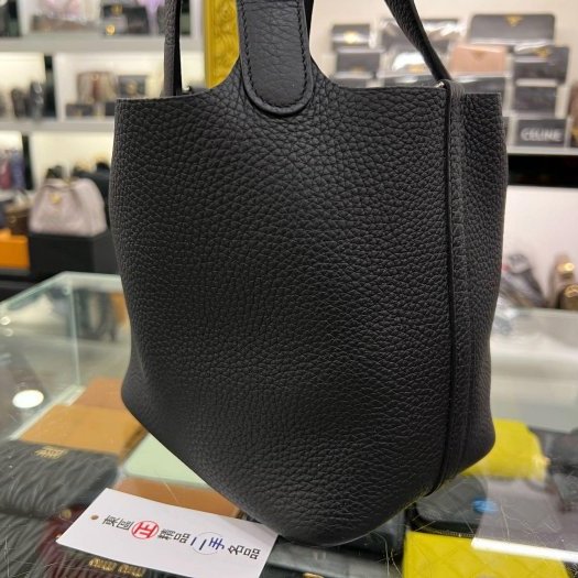 東區正精品㊣ HERMES PICOTIN 18 愛馬仕黑色銀釦水桶袋包鎖頭包手提包 W刻 RZ6308-6