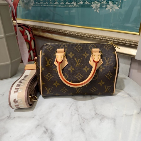 LV 原花SpeedyBandouliere20金釦手提肩斜背波士頓包M46222