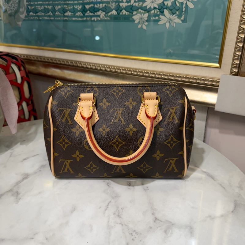 LV 原花SpeedyBandouliere20金釦手提肩斜背波士頓包M46222-1