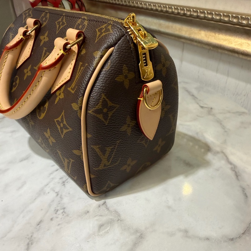 LV 原花SpeedyBandouliere20金釦手提肩斜背波士頓包M46222-2