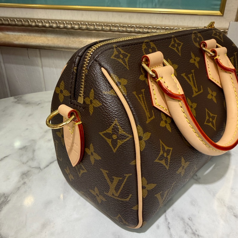 LV 原花SpeedyBandouliere20金釦手提肩斜背波士頓包M46222-3
