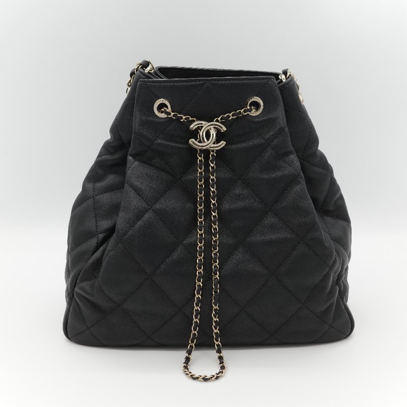 (超級新♥️閒置品)Chanel 香奈兒 黑色 菱格紋 山羊皮 皮穿練 鏈條 束口包 水桶包 斜挎包 AS1699-1