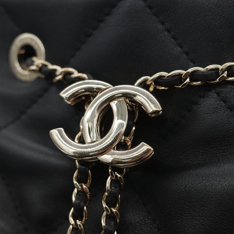 (超級新♥️閒置品)Chanel 香奈兒 黑色 菱格紋 山羊皮 皮穿練 鏈條 束口包 水桶包 斜挎包 AS1699-29