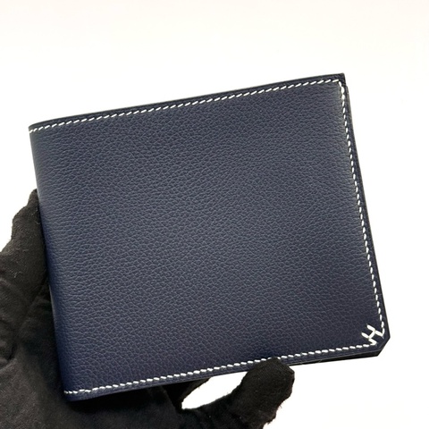 HERMES 愛馬仕 霧霾藍牛皮 PORTEFEUILLE H SELLIER COMPACT短夾  K刻