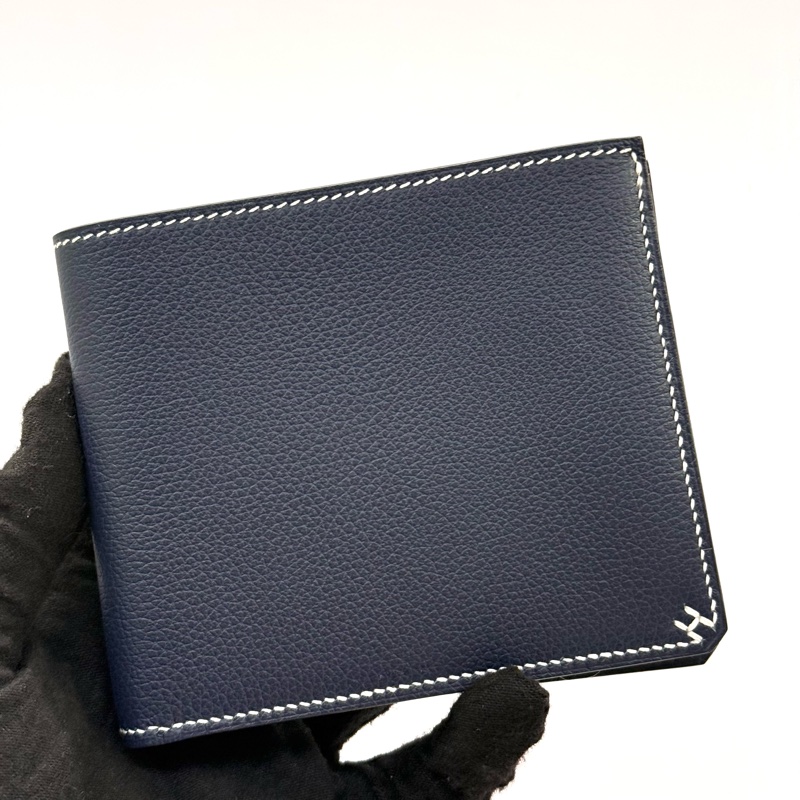 HERMES 愛馬仕 霧霾藍牛皮 PORTEFEUILLE H SELLIER COMPACT短夾  K刻-0