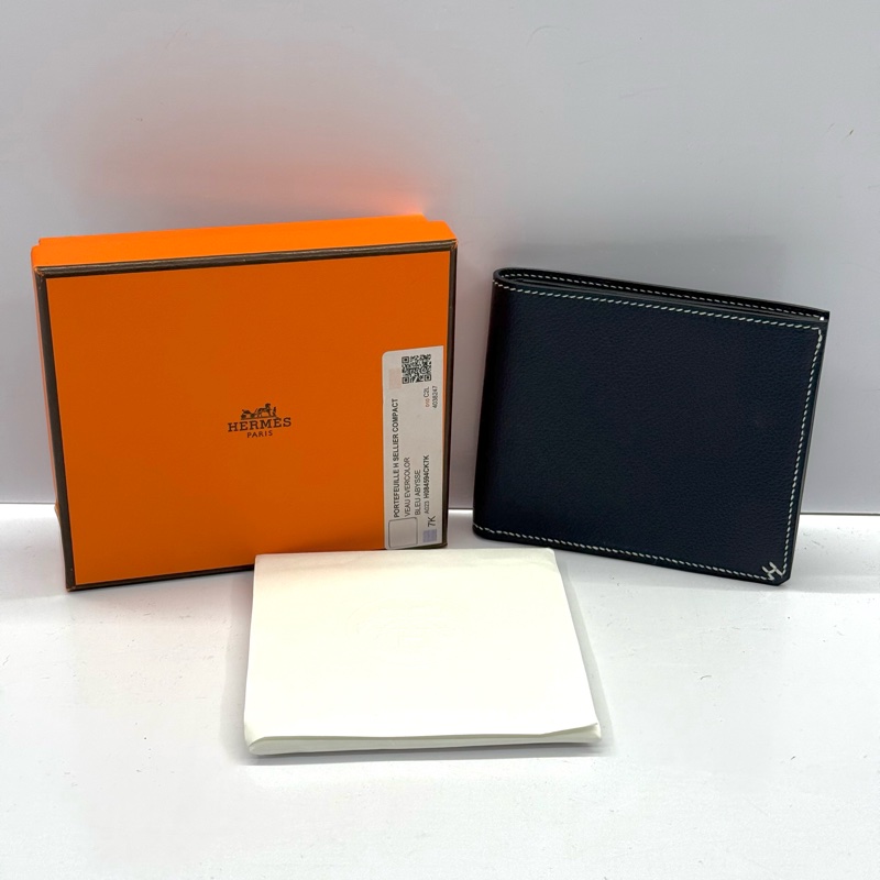HERMES 愛馬仕 霧霾藍牛皮 PORTEFEUILLE H SELLIER COMPACT短夾  K刻-2