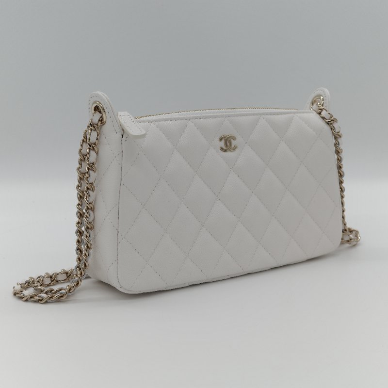 (晶片款♥️白雪公主)Chanel 香奈兒 經典菱格紋 白色 小羊皮 皮穿鍊 腋下包 手拿包 肩背包-2