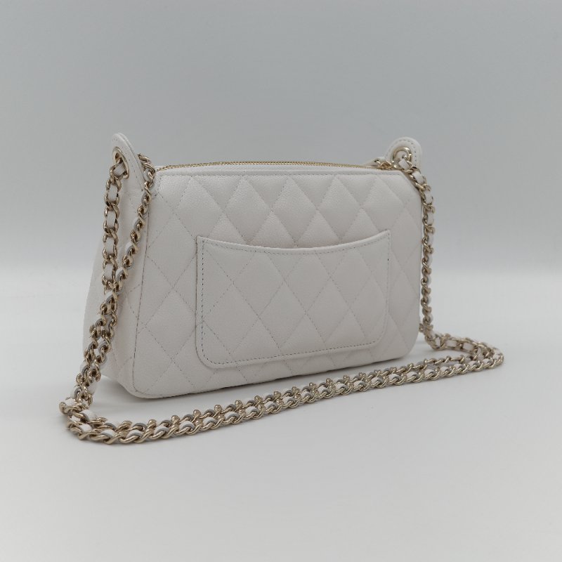 (晶片款♥️白雪公主)Chanel 香奈兒 經典菱格紋 白色 小羊皮 皮穿鍊 腋下包 手拿包 肩背包-4