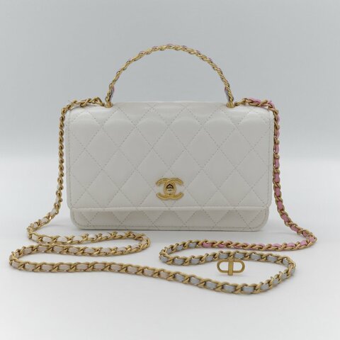 （春夏必備♥️）Chanel 香奈兒 白色菱格紋 牛皮 Handle 鏤空手柄 彩色皮穿鏈 WOC 鏈條錢包 斜挎包 手拿包 （卡位+手機位）