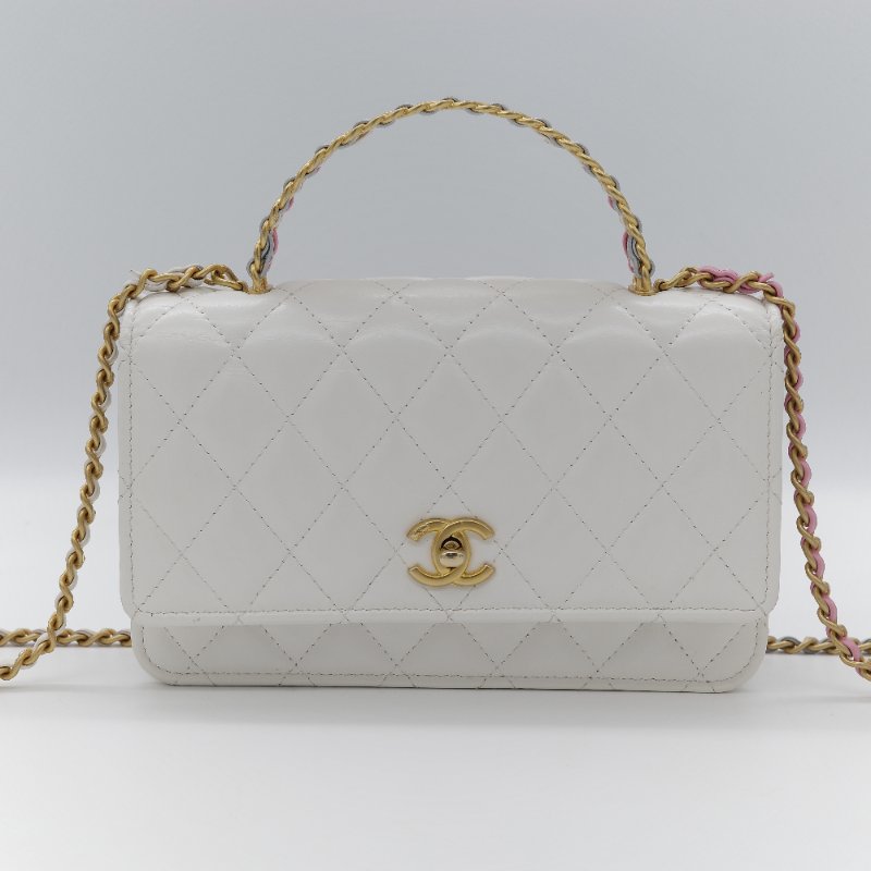 (春夏必備♥️)Chanel 香奈兒 白色菱格紋 牛皮 Handle 鏤空手柄 彩色皮穿鏈 WOC 鏈條錢包 斜挎包 手拿包 (卡位+手機位)-1