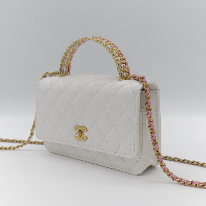 (春夏必備♥️)Chanel 香奈兒 白色菱格紋 牛皮 Handle 鏤空手柄 彩色皮穿鏈 WOC 鏈條錢包 斜挎包 手拿包 (卡位+手機位)-2