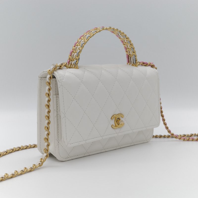(春夏必備♥️)Chanel 香奈兒 白色菱格紋 牛皮 Handle 鏤空手柄 彩色皮穿鏈 WOC 鏈條錢包 斜挎包 手拿包 (卡位+手機位)-3