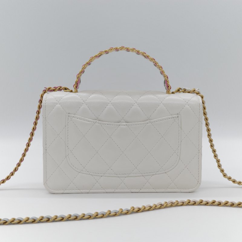 (春夏必備♥️)Chanel 香奈兒 白色菱格紋 牛皮 Handle 鏤空手柄 彩色皮穿鏈 WOC 鏈條錢包 斜挎包 手拿包 (卡位+手機位)-4