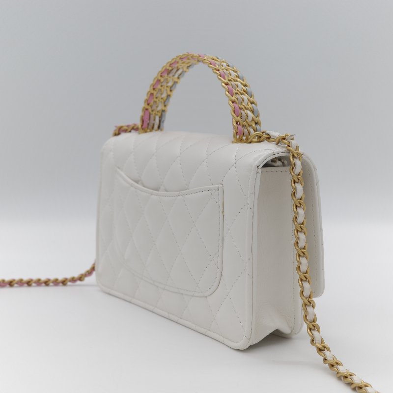 (春夏必備♥️)Chanel 香奈兒 白色菱格紋 牛皮 Handle 鏤空手柄 彩色皮穿鏈 WOC 鏈條錢包 斜挎包 手拿包 (卡位+手機位)-5