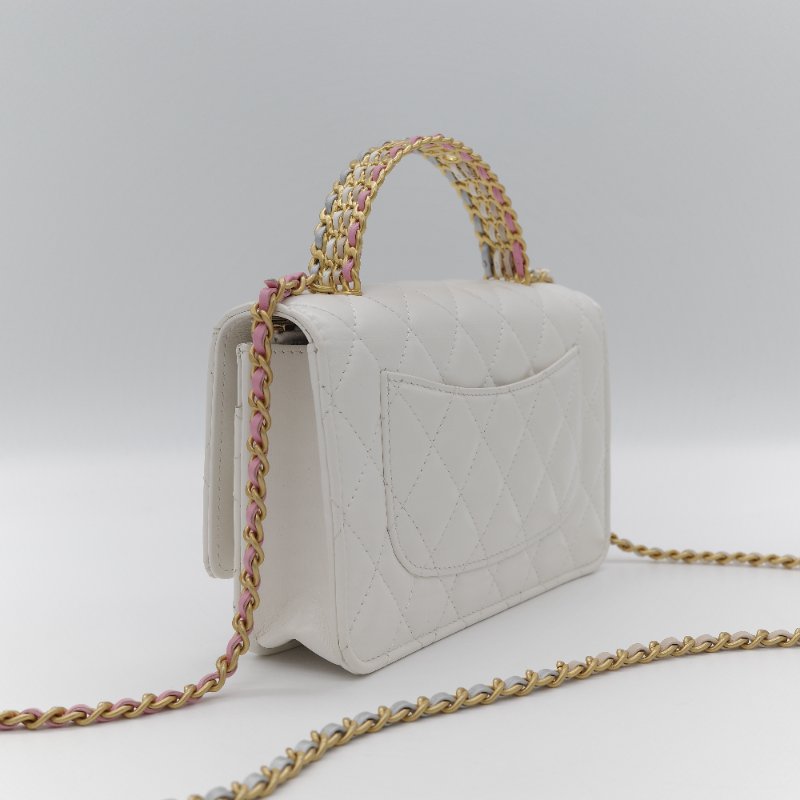 (春夏必備♥️)Chanel 香奈兒 白色菱格紋 牛皮 Handle 鏤空手柄 彩色皮穿鏈 WOC 鏈條錢包 斜挎包 手拿包 (卡位+手機位)-6