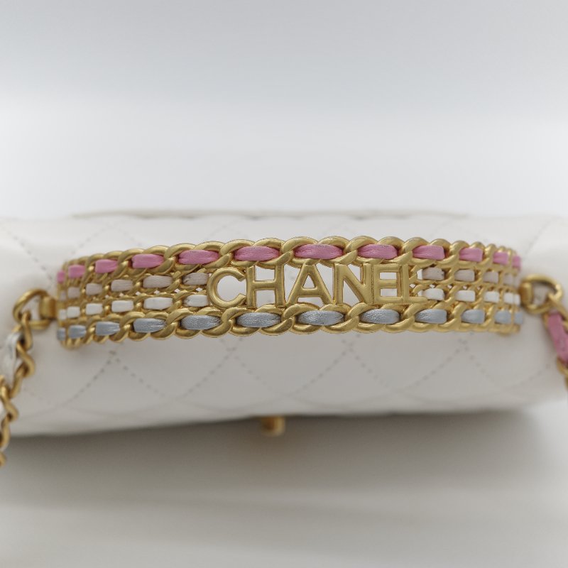 (春夏必備♥️)Chanel 香奈兒 白色菱格紋 牛皮 Handle 鏤空手柄 彩色皮穿鏈 WOC 鏈條錢包 斜挎包 手拿包 (卡位+手機位)-8