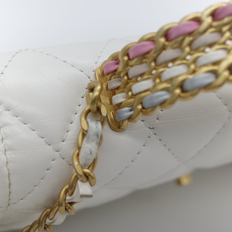 (春夏必備♥️)Chanel 香奈兒 白色菱格紋 牛皮 Handle 鏤空手柄 彩色皮穿鏈 WOC 鏈條錢包 斜挎包 手拿包 (卡位+手機位)-27