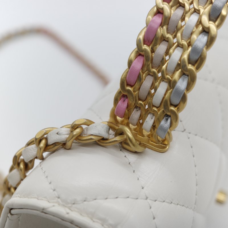 (春夏必備♥️)Chanel 香奈兒 白色菱格紋 牛皮 Handle 鏤空手柄 彩色皮穿鏈 WOC 鏈條錢包 斜挎包 手拿包 (卡位+手機位)-29