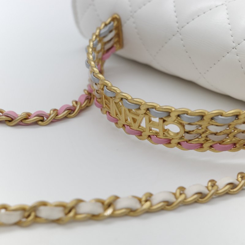 (春夏必備♥️)Chanel 香奈兒 白色菱格紋 牛皮 Handle 鏤空手柄 彩色皮穿鏈 WOC 鏈條錢包 斜挎包 手拿包 (卡位+手機位)-31