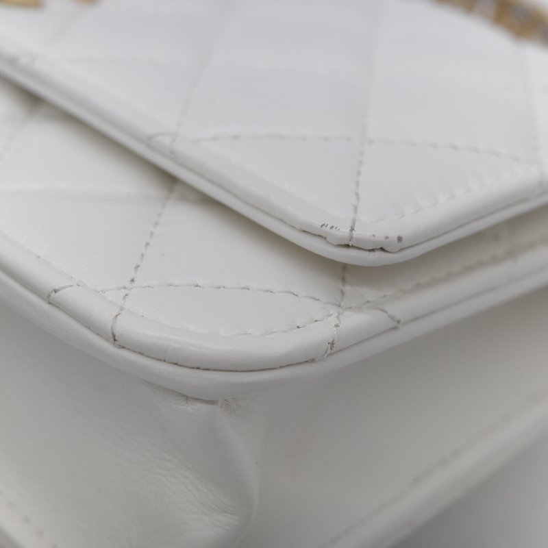 (春夏必備♥️)Chanel 香奈兒 白色菱格紋 牛皮 Handle 鏤空手柄 彩色皮穿鏈 WOC 鏈條錢包 斜挎包 手拿包 (卡位+手機位)-36