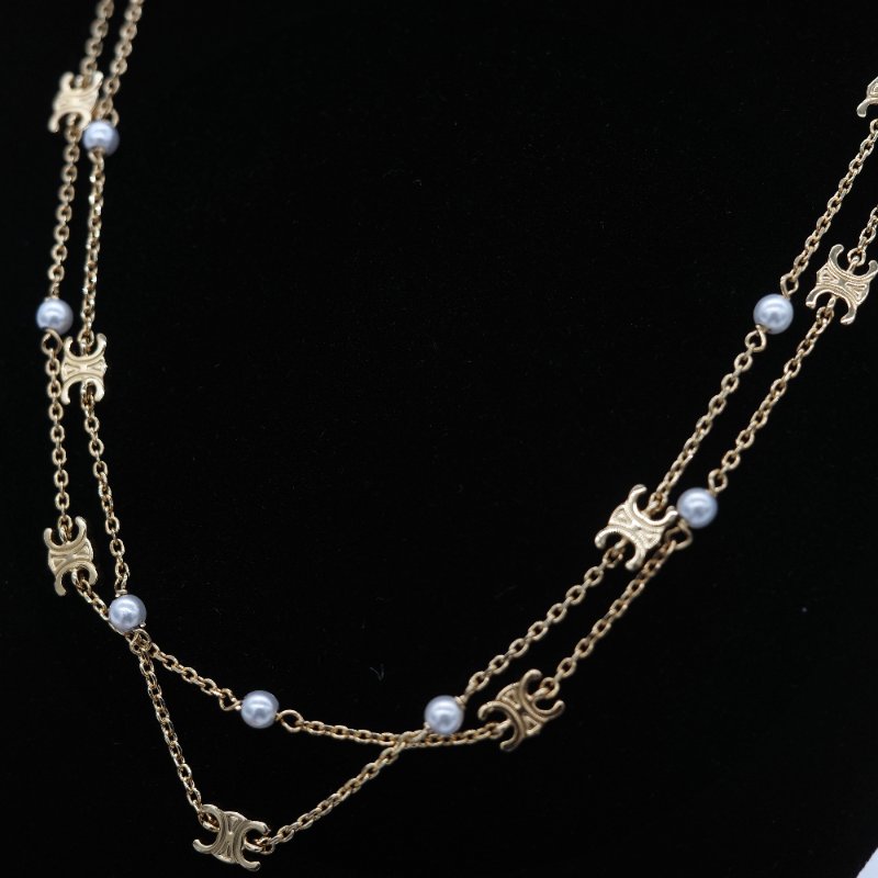 (大全配♥️超級新)Celine 思琳 凱旋門 珍珠 金色銅金 雙層鏈條 項鏈-1