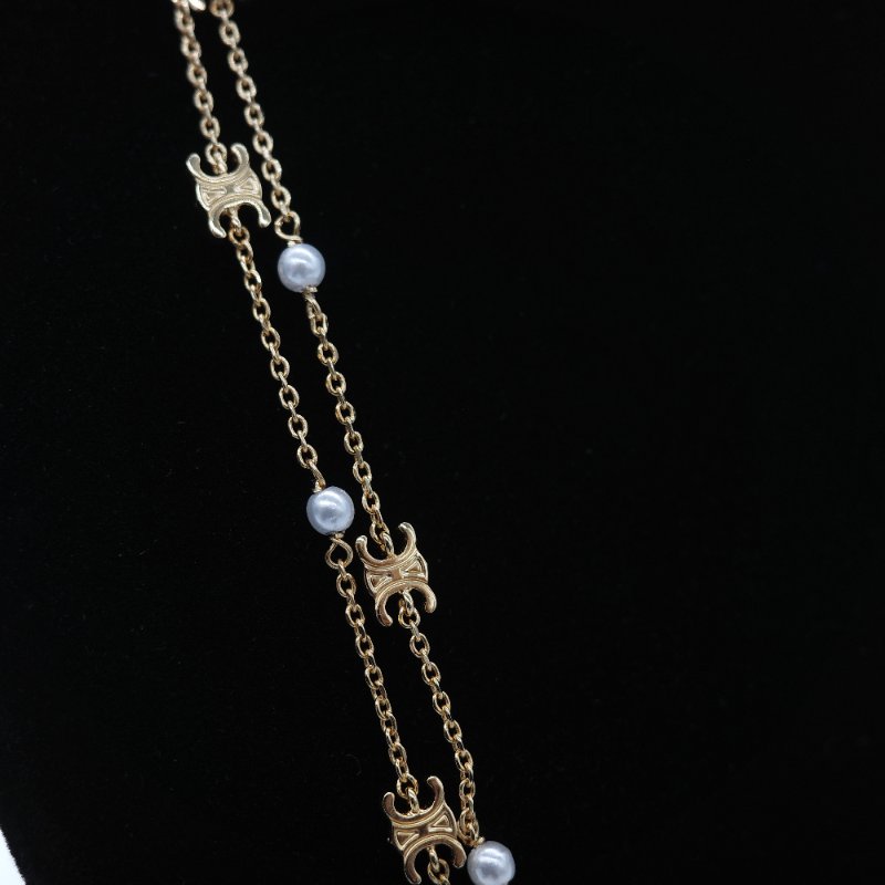 (大全配♥️超級新)Celine 思琳 凱旋門 珍珠 金色銅金 雙層鏈條 項鏈-2