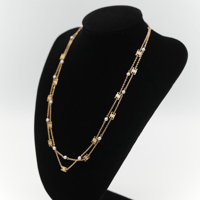 (大全配♥️超級新)Celine 思琳 凱旋門 珍珠 金色銅金 雙層鏈條 項鏈-4