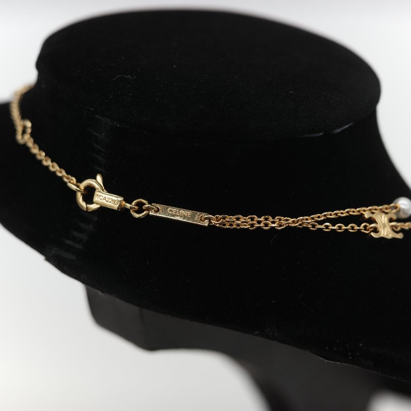 (大全配♥️超級新)Celine 思琳 凱旋門 珍珠 金色銅金 雙層鏈條 項鏈-5