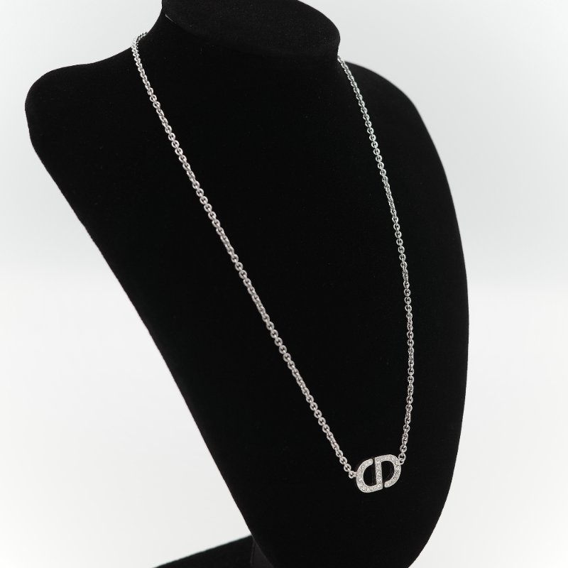 Dior 迪奧 Petit 經典Logo 銀色鏈條 白色水鑽 項鍊-1