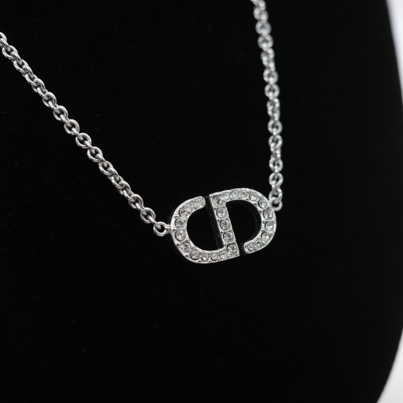Dior 迪奧 Petit 經典Logo 銀色鏈條 白色水鑽 項鍊-2