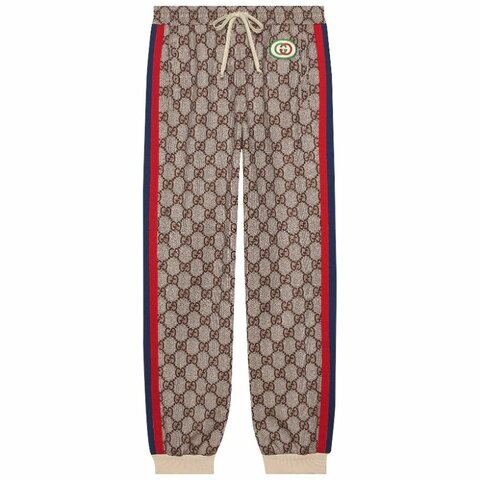 專櫃新款 ::GUCCI:: GG Supreme Print Jogging Pant 烏木色滿版雙G 經典紅藍綠邊 抽繩縮口長褲