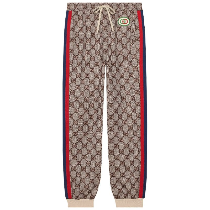 專櫃新款 ::GUCCI:: GG Supreme Print Jogging Pant 烏木色滿版雙G 經典紅藍綠邊 抽繩縮口長褲-0