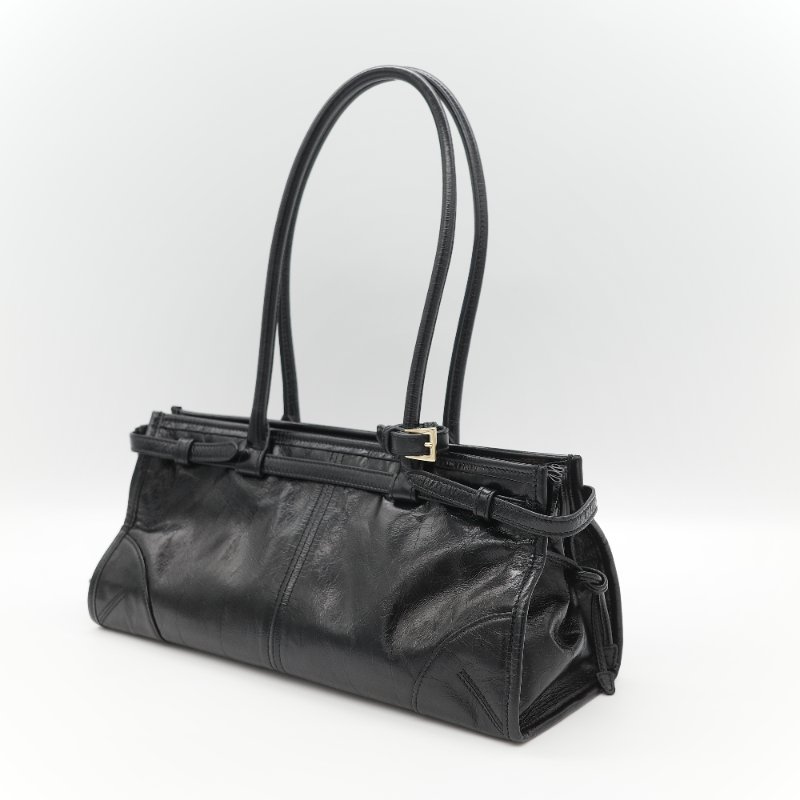 (25 年秋冬新款♥️閒置品)Prada 普拉達 Bonnie 中號 黑色皺褶 漆皮牛皮 托特包|專櫃 16 萬-4