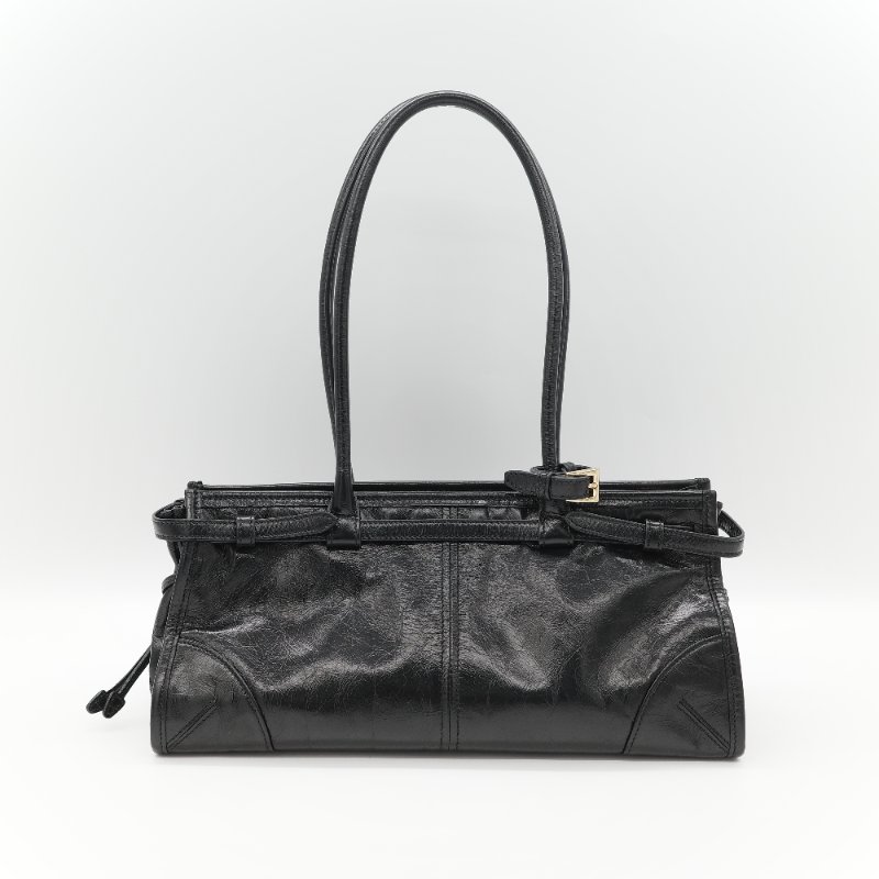 (25 年秋冬新款♥️閒置品)Prada 普拉達 Bonnie 中號 黑色皺褶 漆皮牛皮 托特包|專櫃 16 萬-6