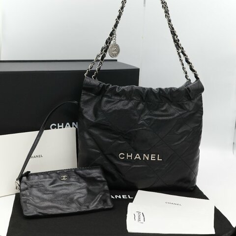 Chanel 香奈兒 22 Bag 小型 黑色亮面小牛皮 銀色金屬 手提包 單肩包