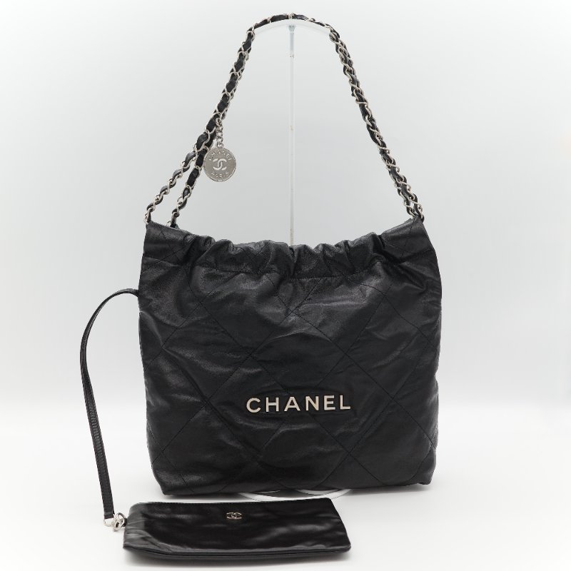 Chanel 香奈兒 22 Bag 小型 黑色亮面小牛皮 銀色金屬 手提包 單肩包-1
